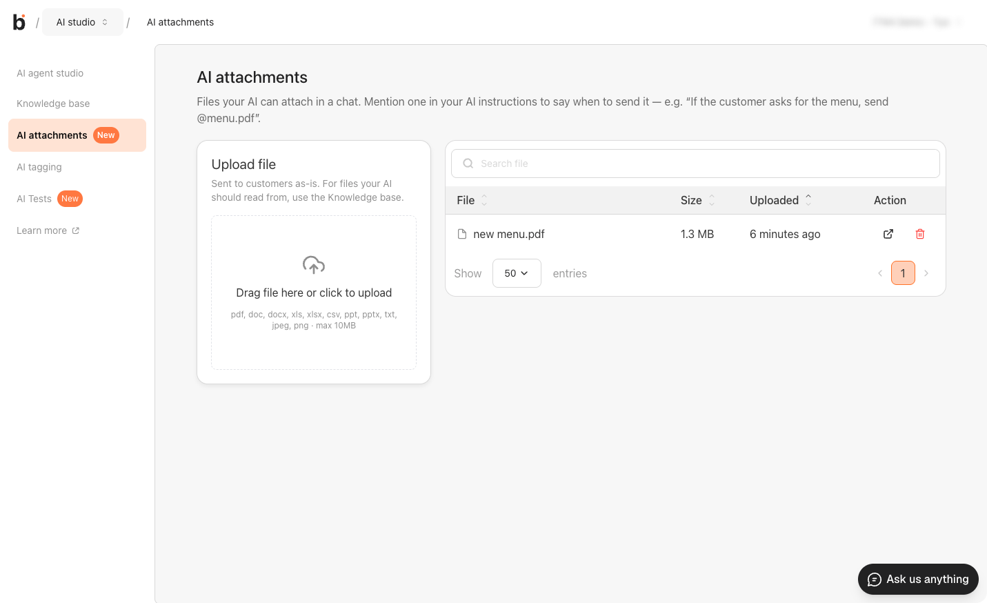 AI attachments page in AI Studio showing the Upload file box and the file list with an uploaded PDF
