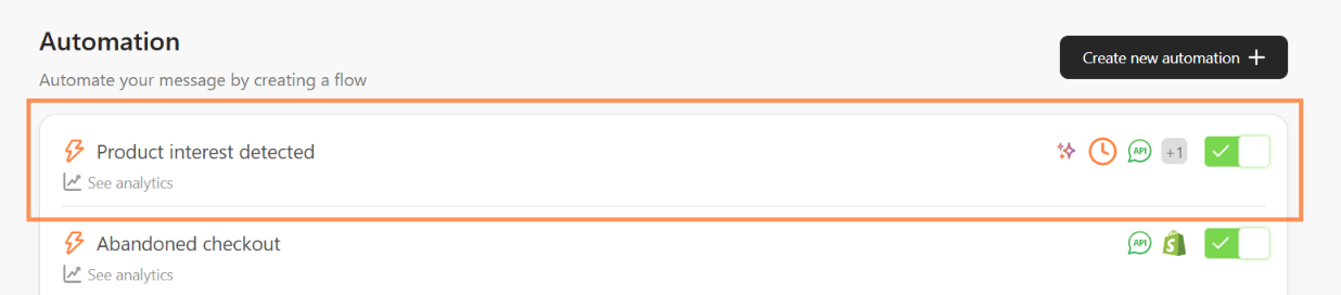 Automation list with the AI Custom Event automation switched on