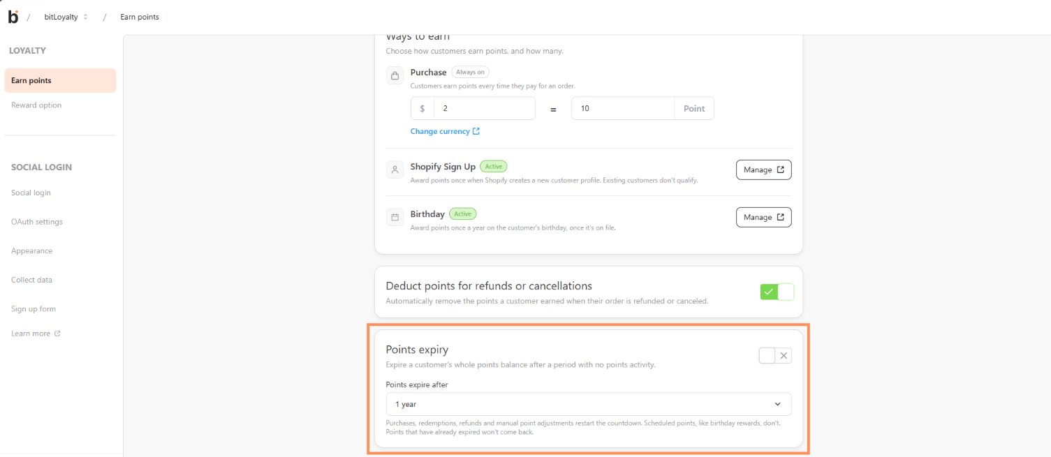 Earn points page with Points expiry turned on and the Points expire after field visible
