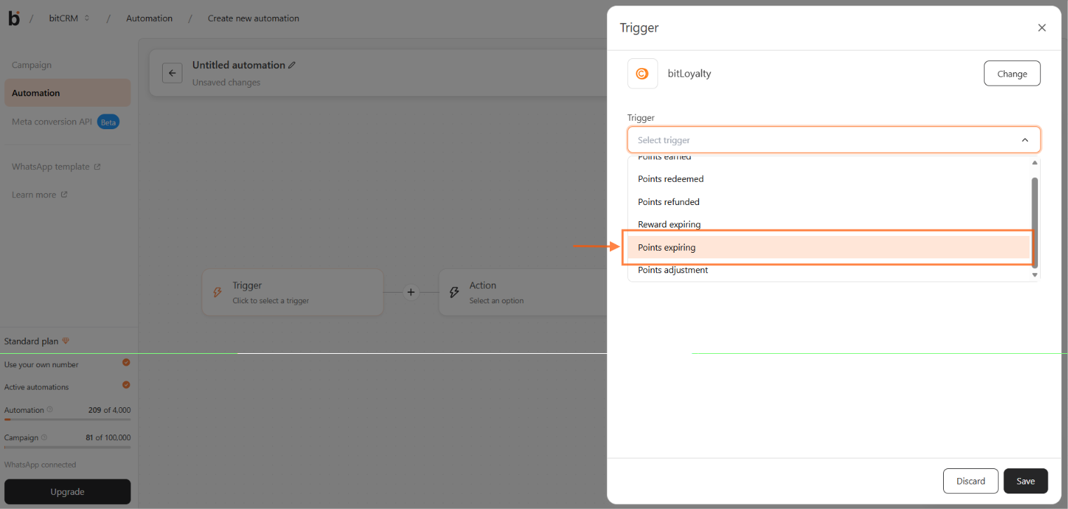 Trigger configuration with bitLoyalty selected and the Points expiring option highlighted