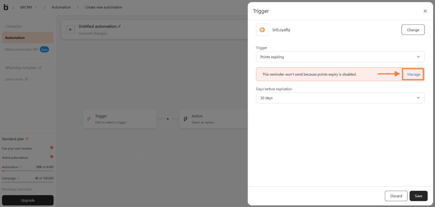 Trigger warning that the reminder will not send because points expiry is disabled, with a Manage link