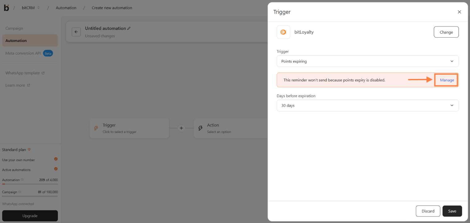 Trigger warning that the reminder will not send because points expiry is disabled, with a Manage link