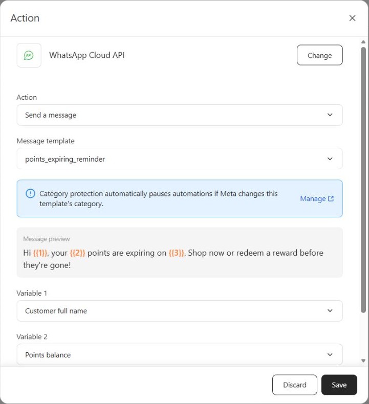 WhatsApp action with points_expiring_reminder selected and the reminder message preview