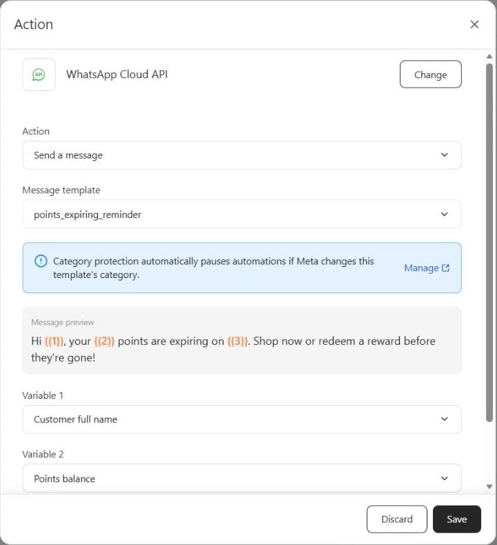 WhatsApp action with points_expiring_reminder selected and the reminder message preview