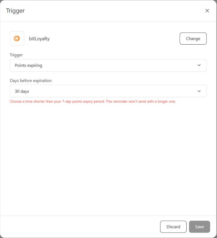 Points expiring trigger showing that a 30-day lead time is invalid for a 7-day points expiry period