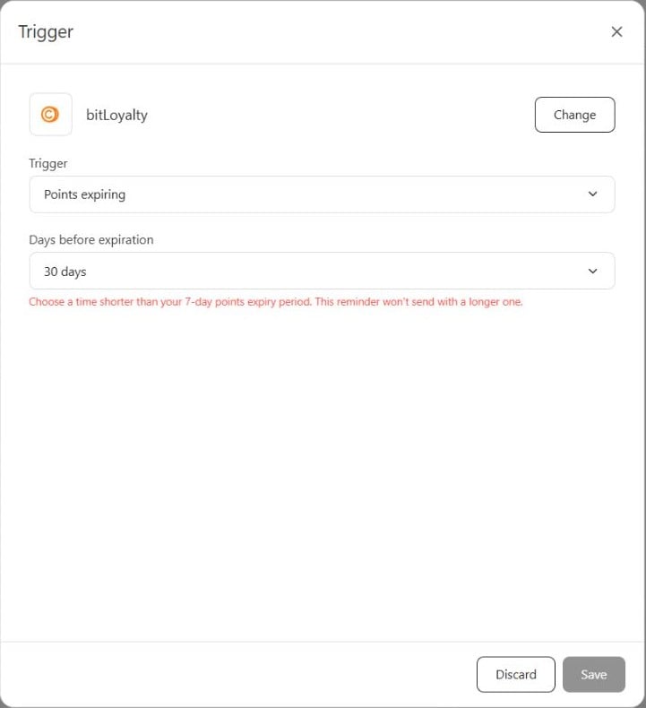 Points expiring trigger showing that a 30-day lead time is invalid for a 7-day points expiry period
