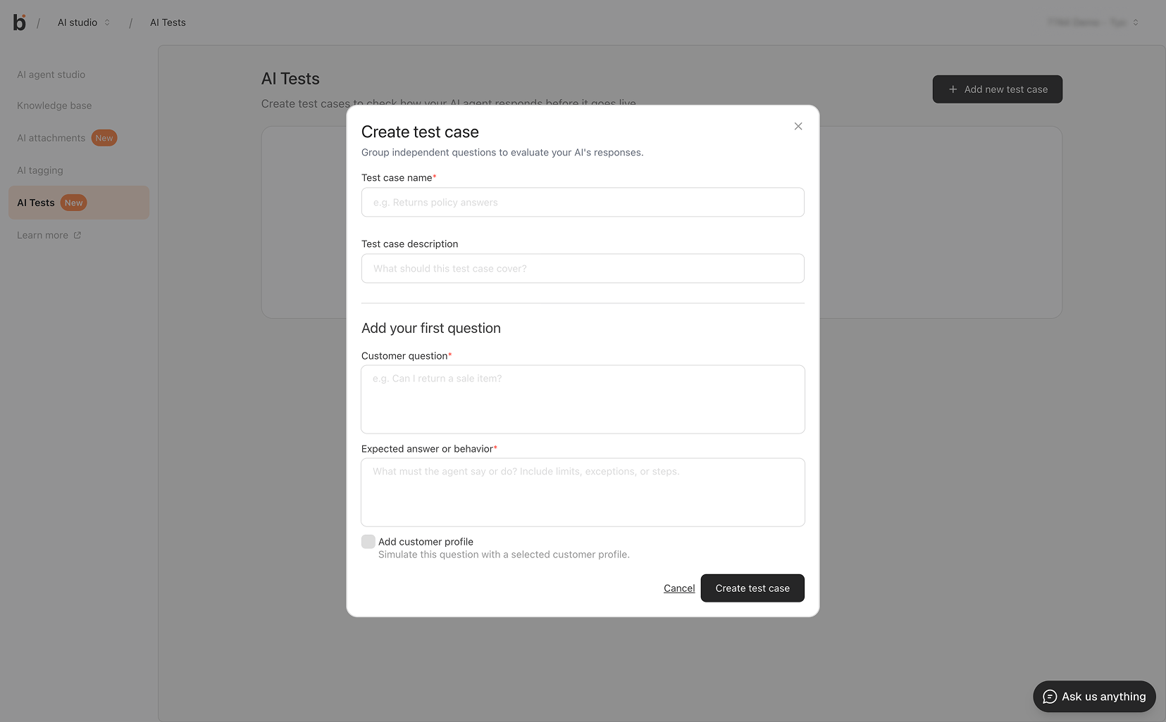 Create test case form in AI Tests