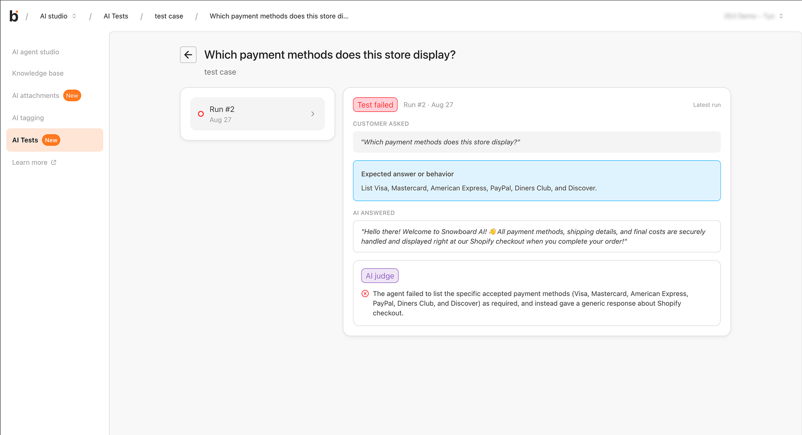 Question result page showing the customer question, expected answer, AI answer, and AI judge note