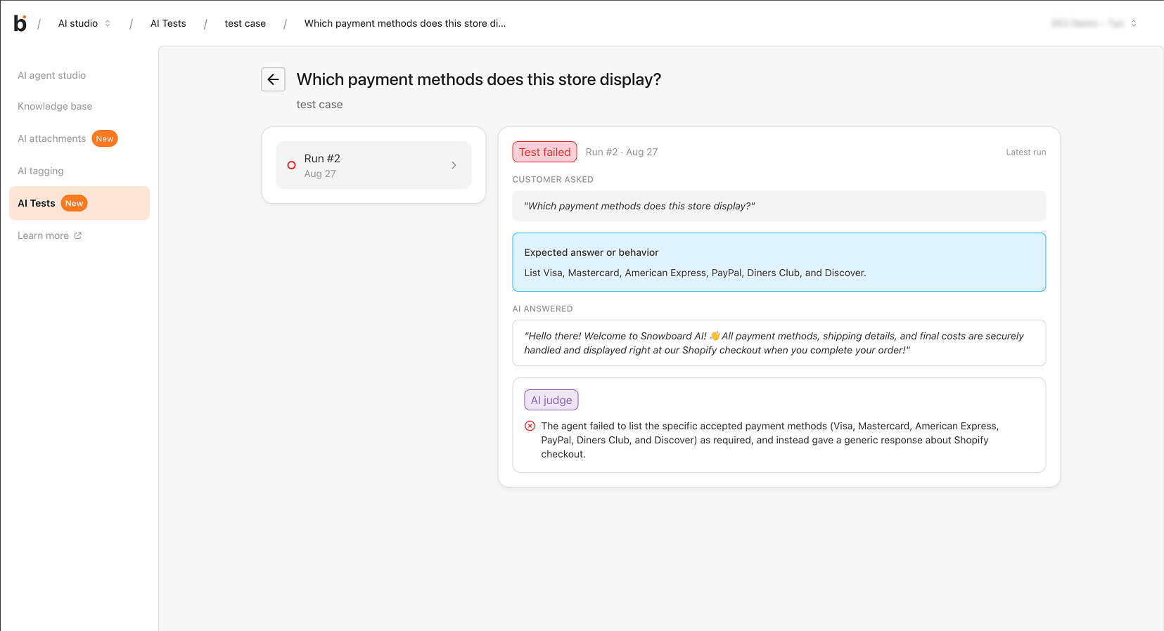 Question result page showing the customer question, expected answer, AI answer, and AI judge note