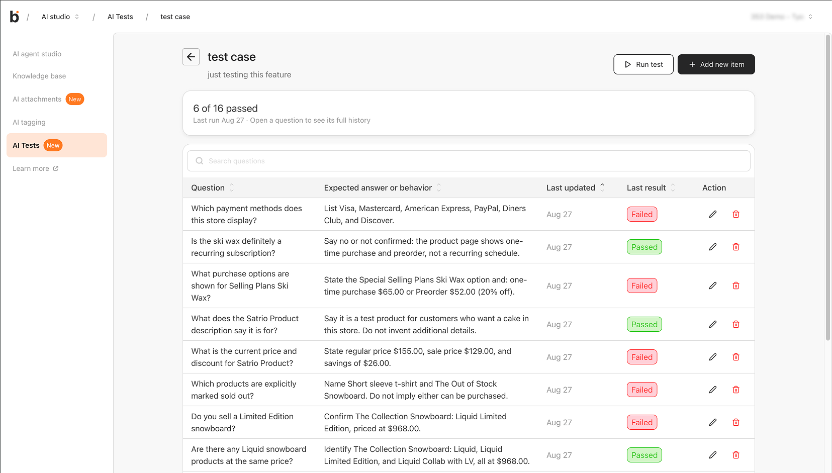 Test case page with the pass summary and the Last result of each question