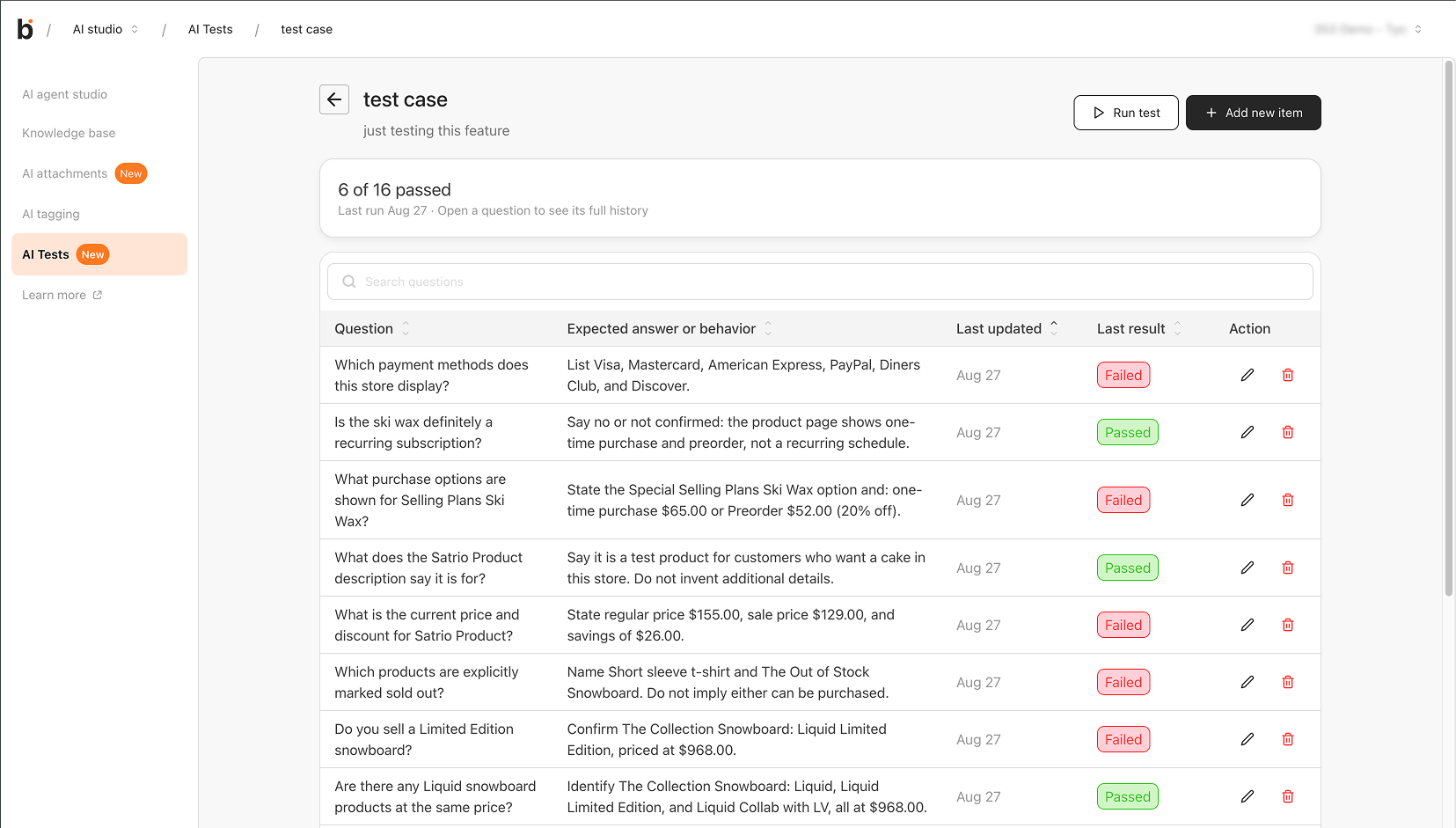 Test case page with the pass summary and the Last result of each question