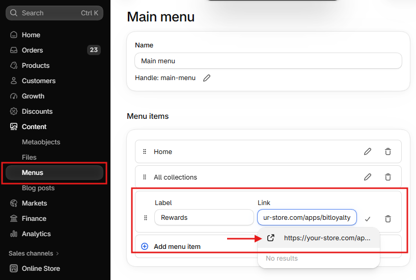 Shopify Content > Menus > Main menu with Add menu item open, Rewards entered, and the suggested landing-page URL row visible.