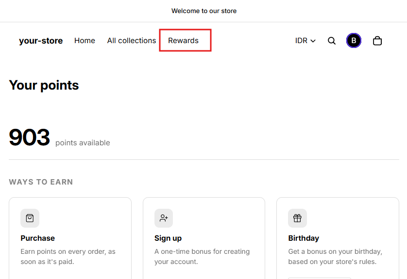 Shopify storefront showing the saved Rewards menu item and the loyalty page.
