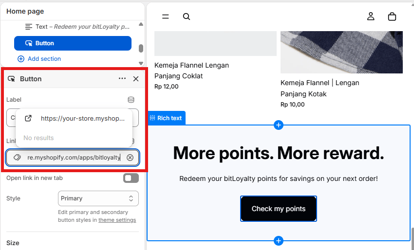 Shopify theme editor showing a homepage button with a customer-facing label and the loyalty landing-page URL in the link field.