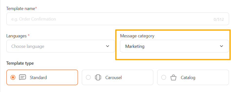 Template setup form with the Message category dropdown highlighted and set to Marketing, alongside the Template name, Languages, and Template type fields