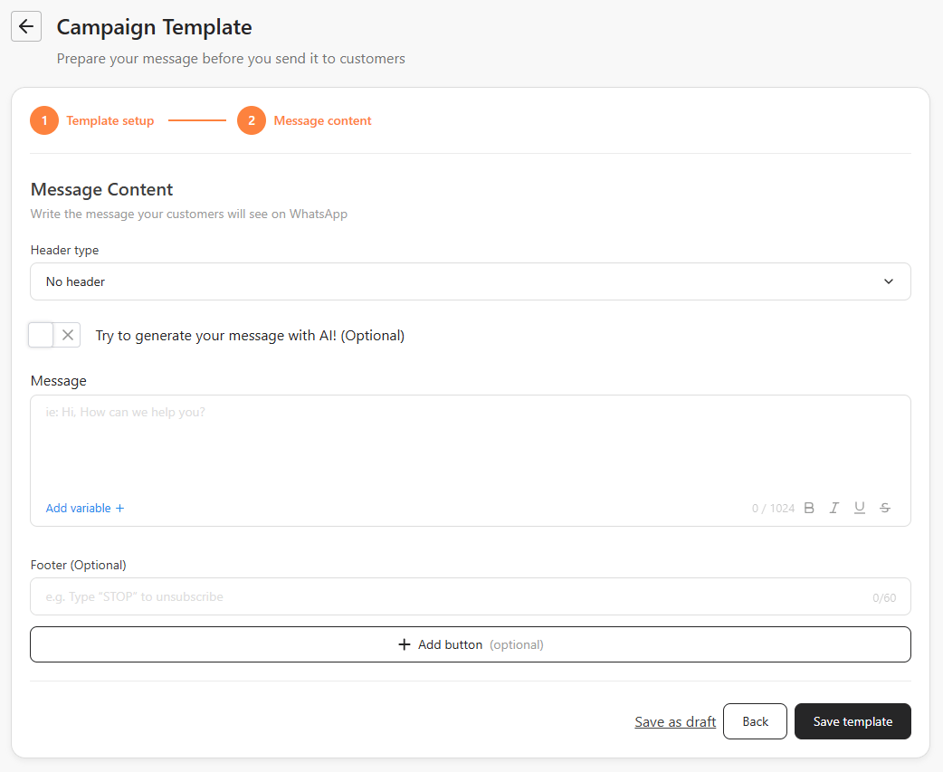 Message content step showing the Header type dropdown, Message body with Add variable, Footer, and Add button options