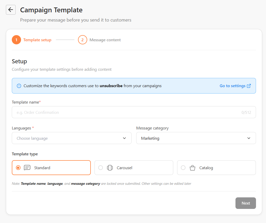 Template setup step showing the unsubscribe info panel, Template name, Languages, Message category, and Template type fields with a disabled Next button