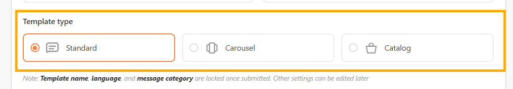 Template type selector highlighting the Standard, Carousel, and Catalog options