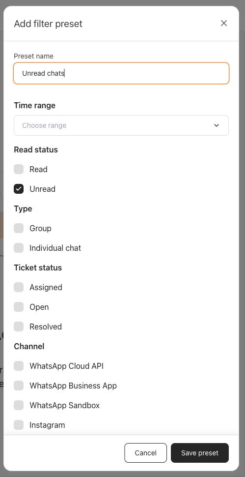 Add filter preset drawer with the name Unread chats and the Unread filter selected