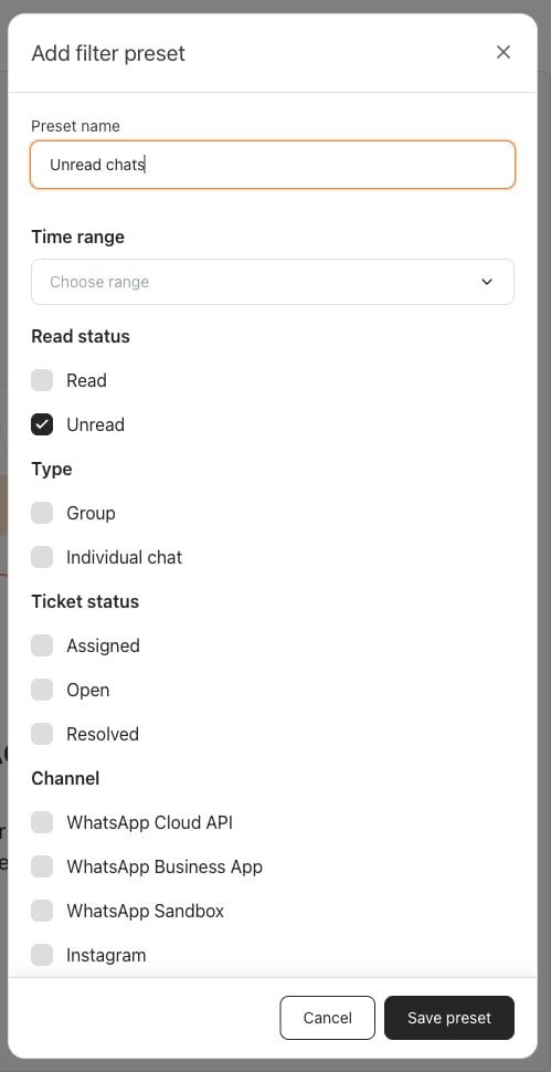 Add filter preset drawer with the name Unread chats and the Unread filter selected