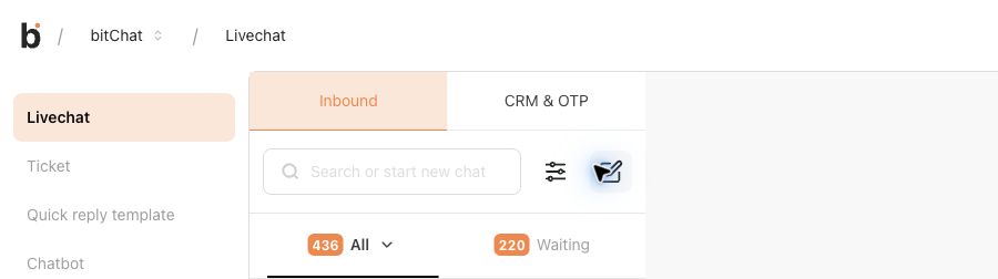 Livechat dashboard header with the All and Waiting selectors
