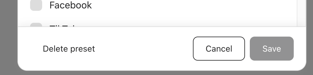 Filter preset drawer footer with Delete preset, Cancel, and Save controls