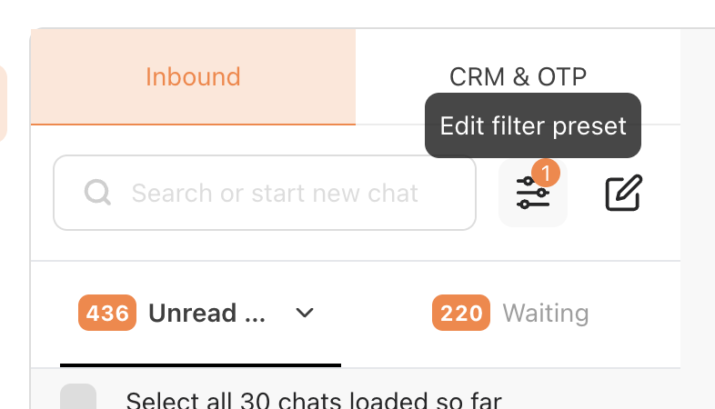 Livechat filter icon showing the Edit filter preset tooltip for an active preset