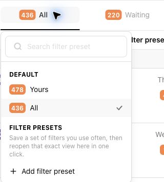 Livechat selector showing the Default and Filter presets groups