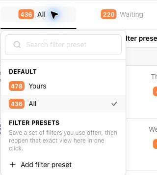 Livechat selector showing the Default and Filter presets groups