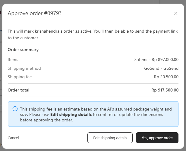 Approve order confirmation dialog with re-quoted GoSend shipping fee