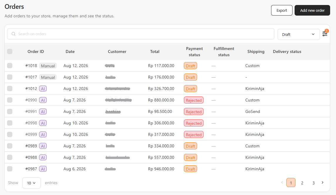 Orders page with the Draft tab open, showing Draft and Rejected badges alongside AI and Manual origin chips
