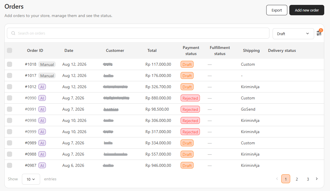 Orders page with the Draft tab open, showing Draft and Rejected badges alongside AI and Manual origin chips