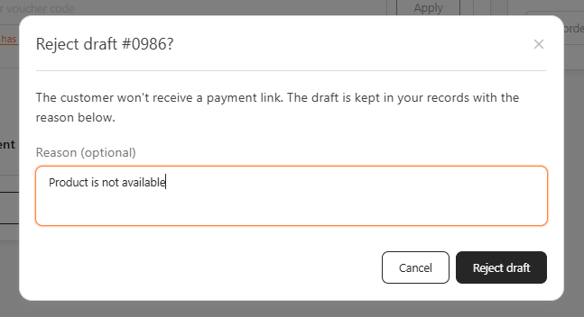 Reject draft dialog with an optional reason entered