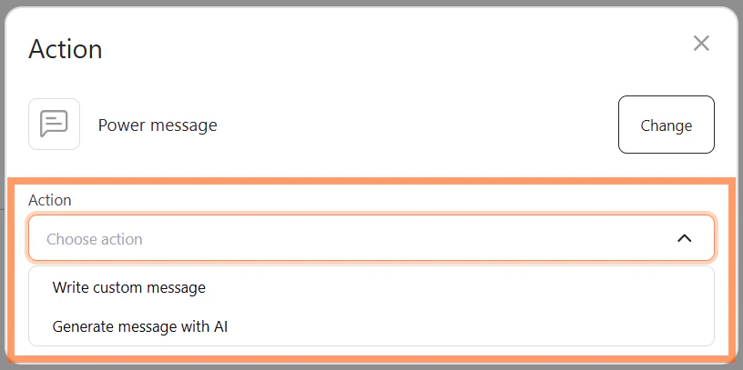 Action dropdown showing Write custom message and Generate message with AI options