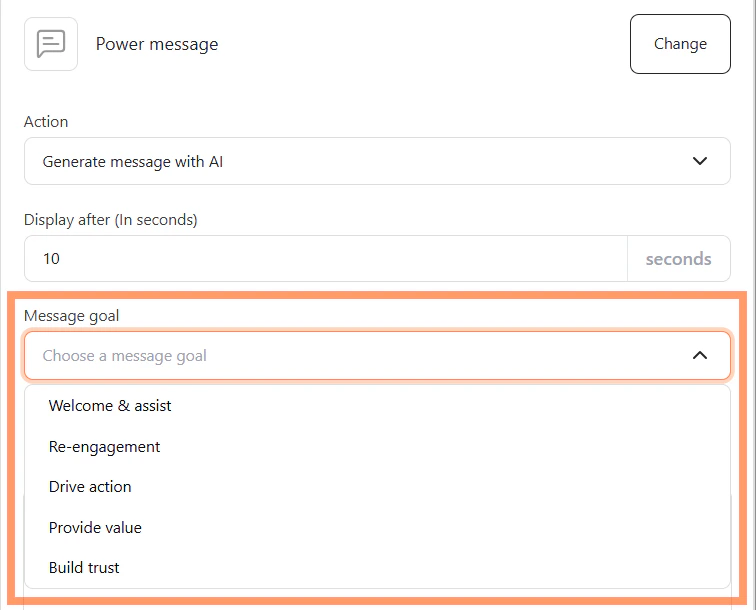 Configuration panel with Display after field and Message goal dropdown open showing available options