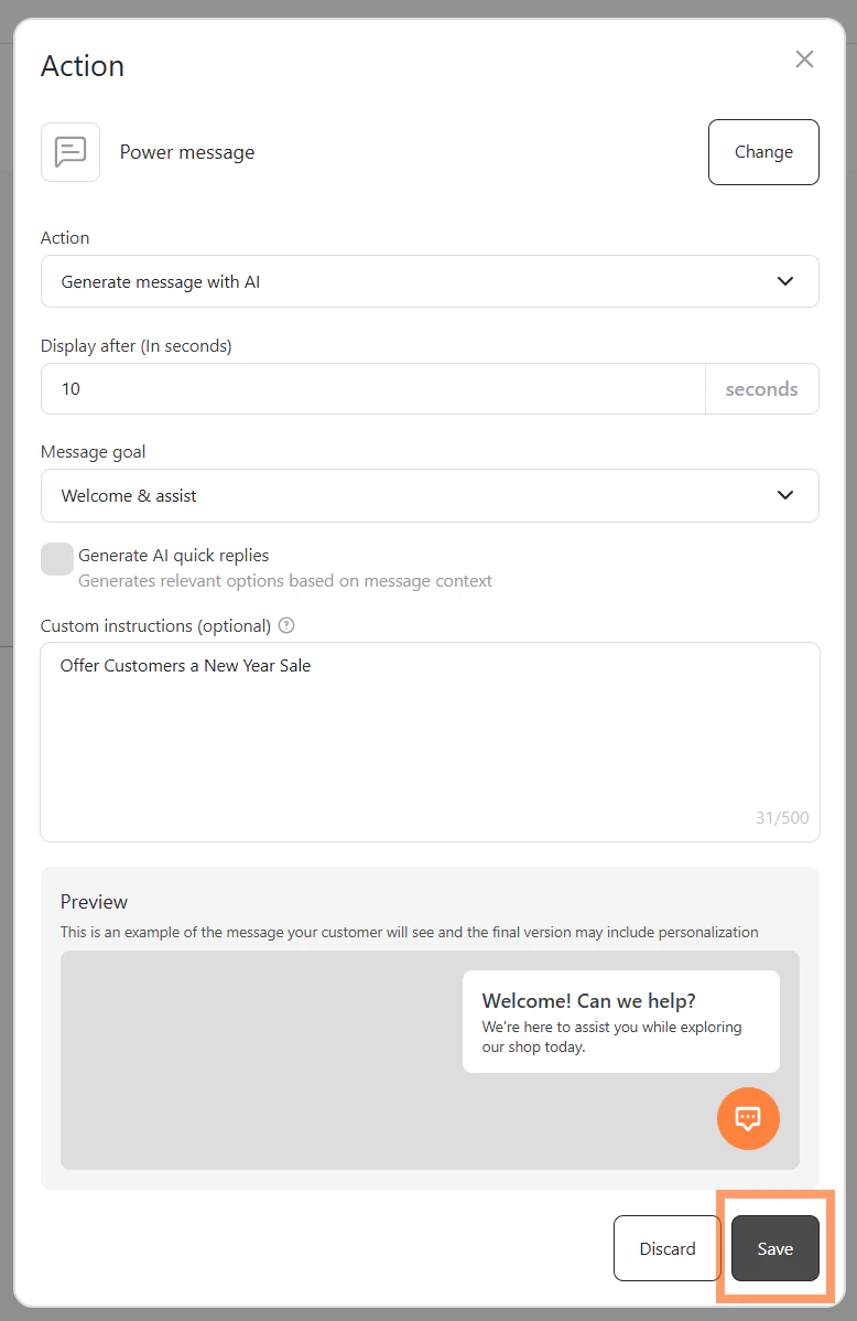 Completed configuration panel with Message goal selected, Custom instructions filled in, preview visible, and Save button highlighted