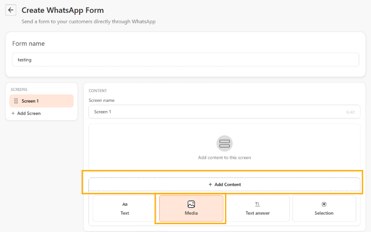 Add Content menu with Media selected