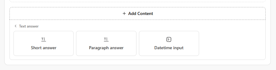 Text answer options: Short answer, Paragraph answer, and Datetime input