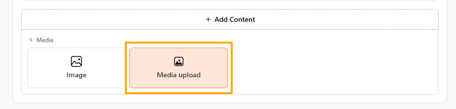Media options under Add Content, with Media upload highlighted