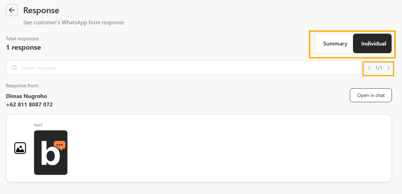 Individual view showing the respondent's name and phone number, their answer, the response counter, and the Open in chat button