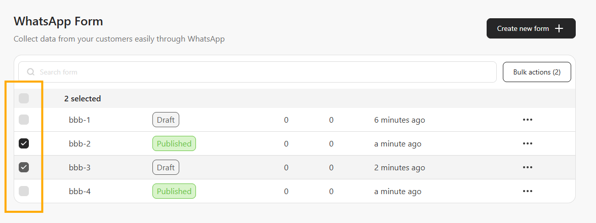 WhatsApp Form list with two forms selected and the Bulk actions (2) button next to the search field