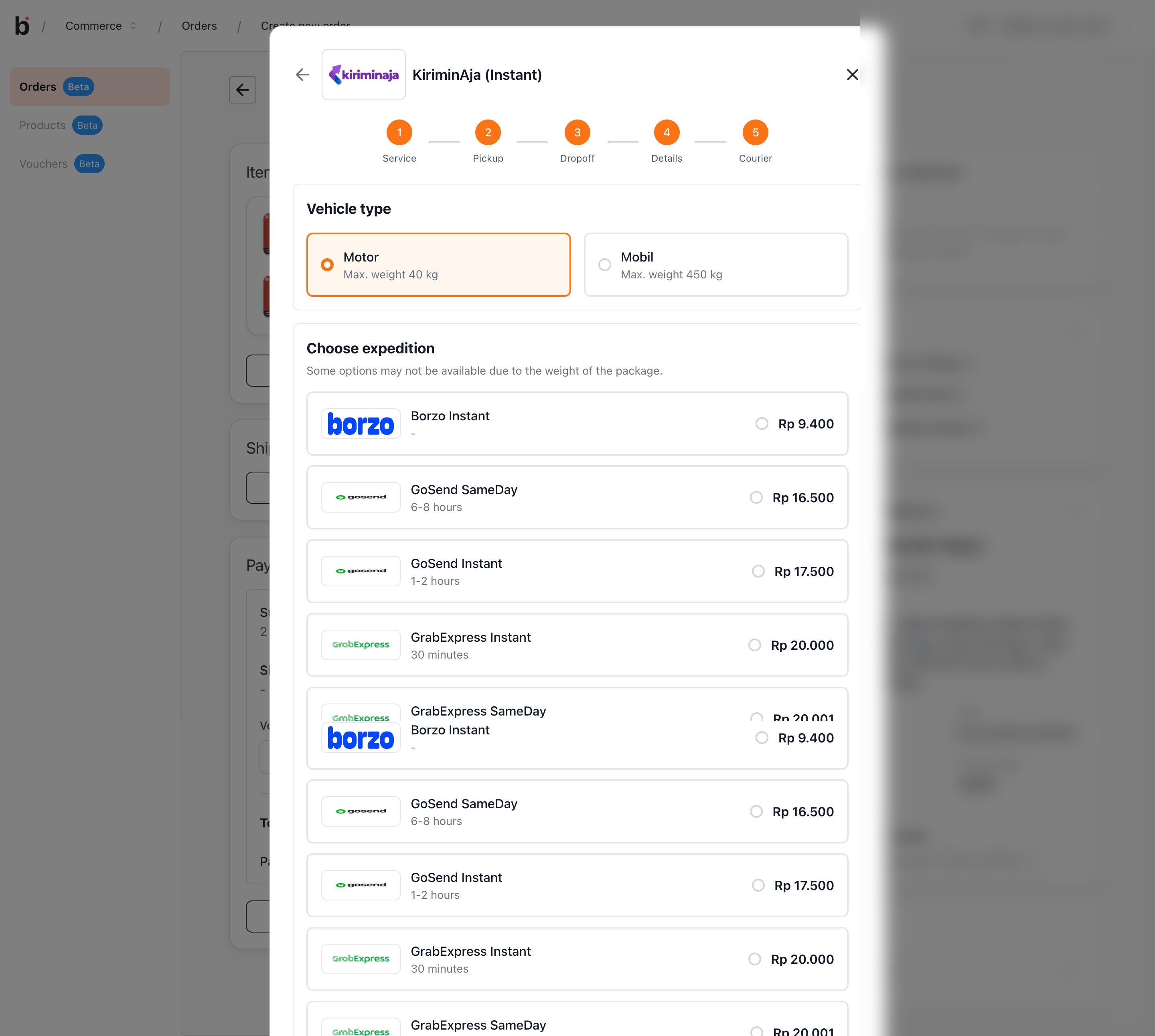 KiriminAja Instant Courier step with vehicle type and instant expedition options