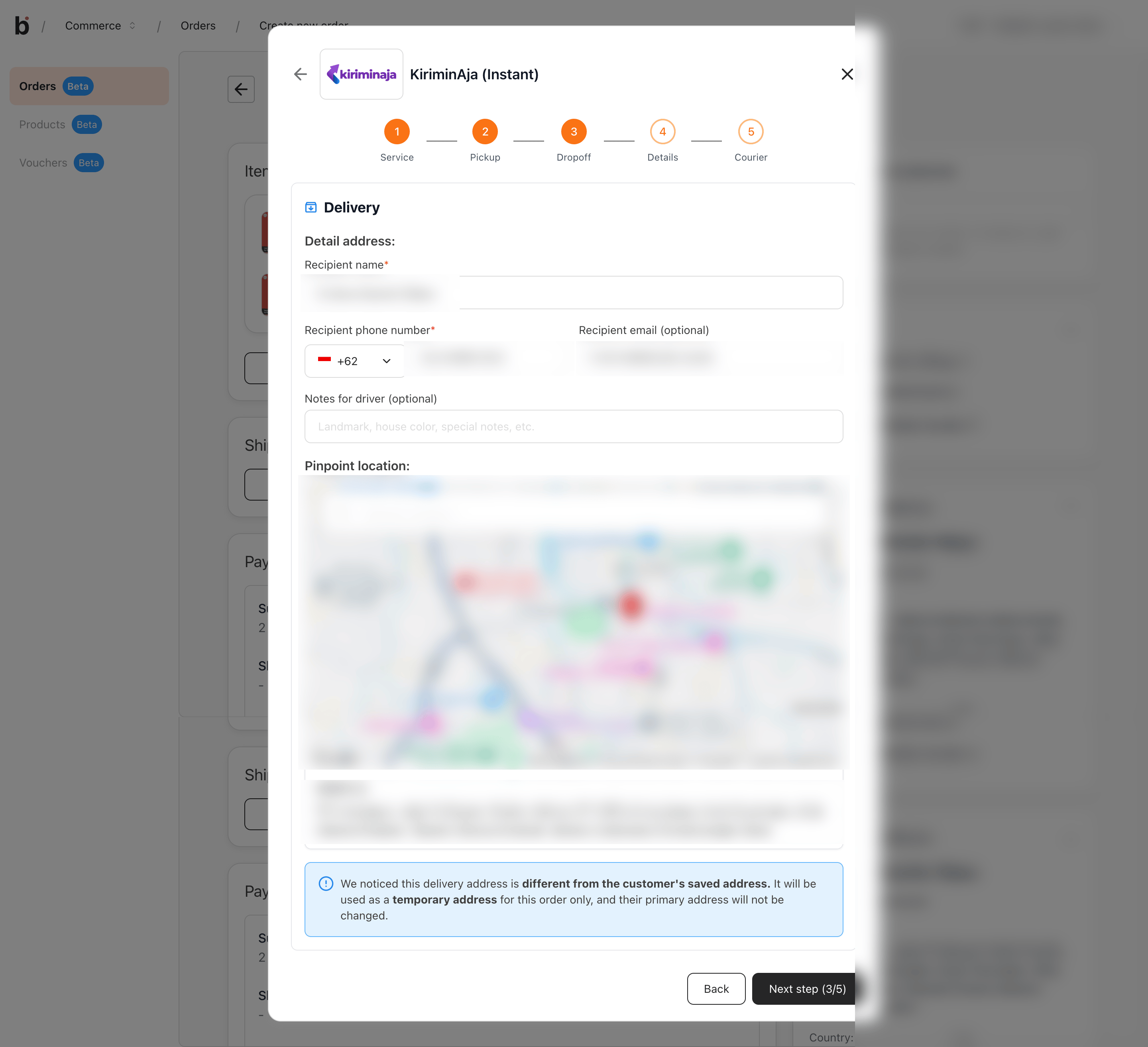 KiriminAja Instant Dropoff step with recipient details and map pinpoint