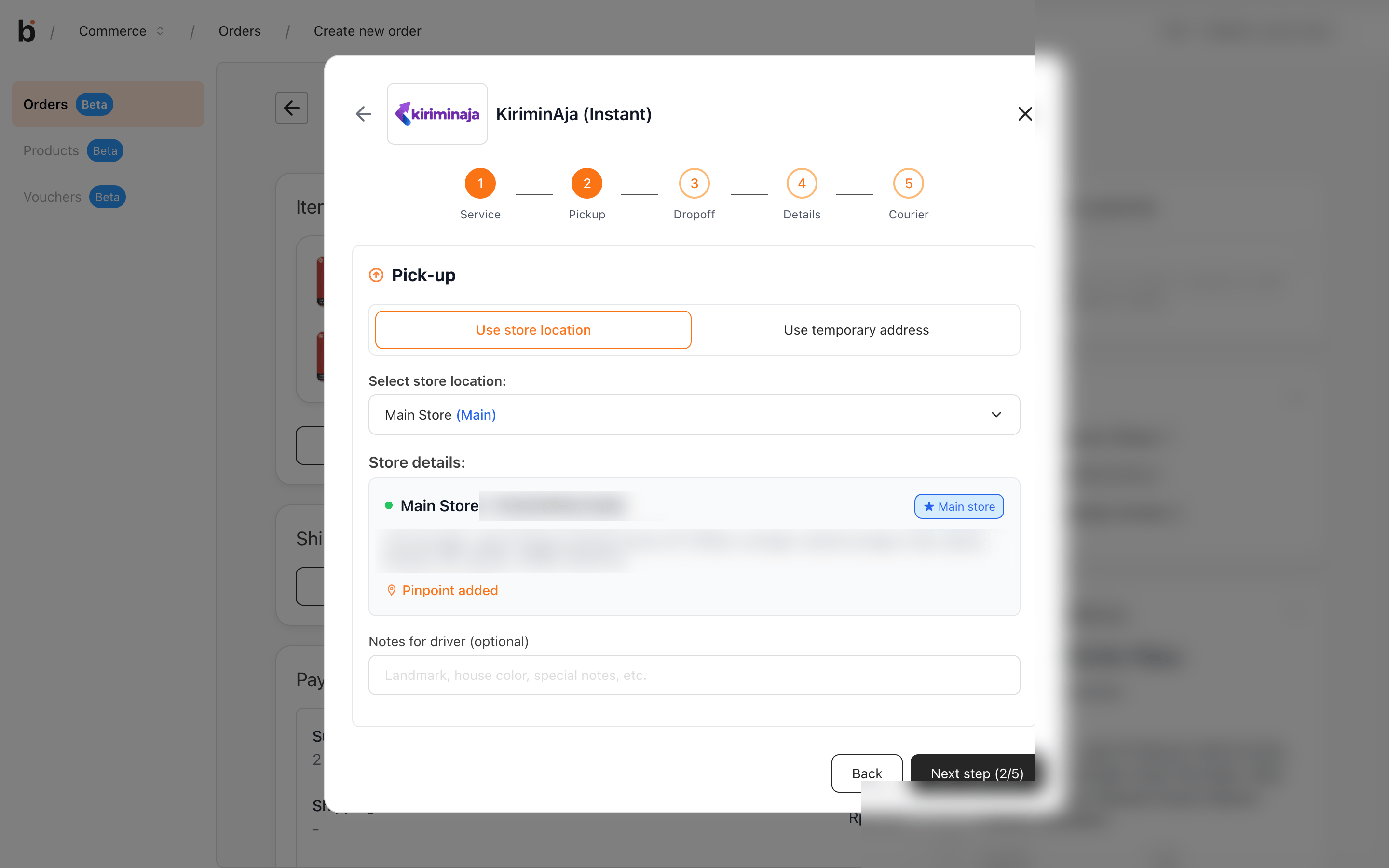 KiriminAja Instant Pickup step with store location selected