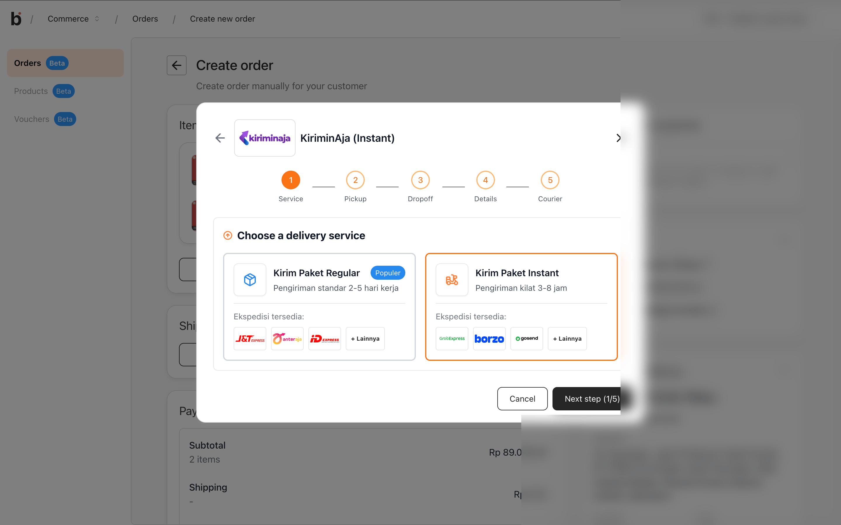 KiriminAja Instant Service step with Kirim Paket Instant selected