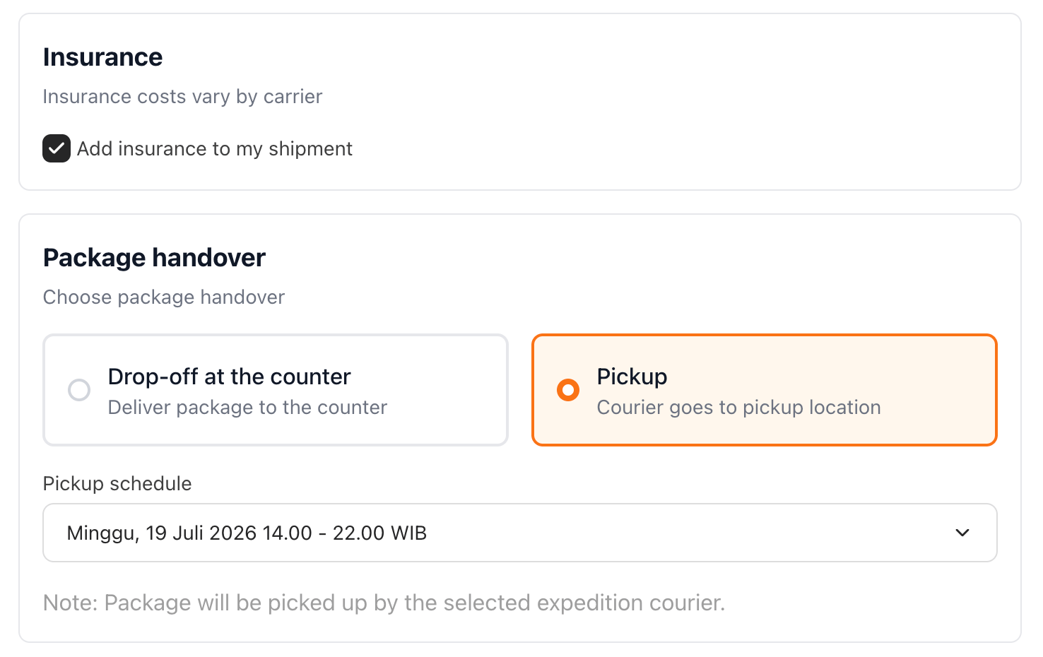 Close-up of the Insurance checkbox and Package handover with a Pickup schedule selected