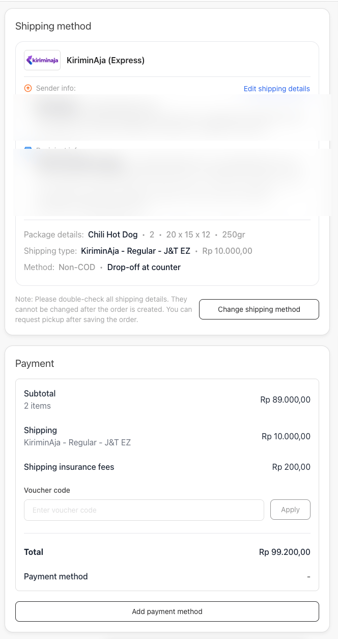 Order create page showing the KiriminAja shipping method card and the payment breakdown