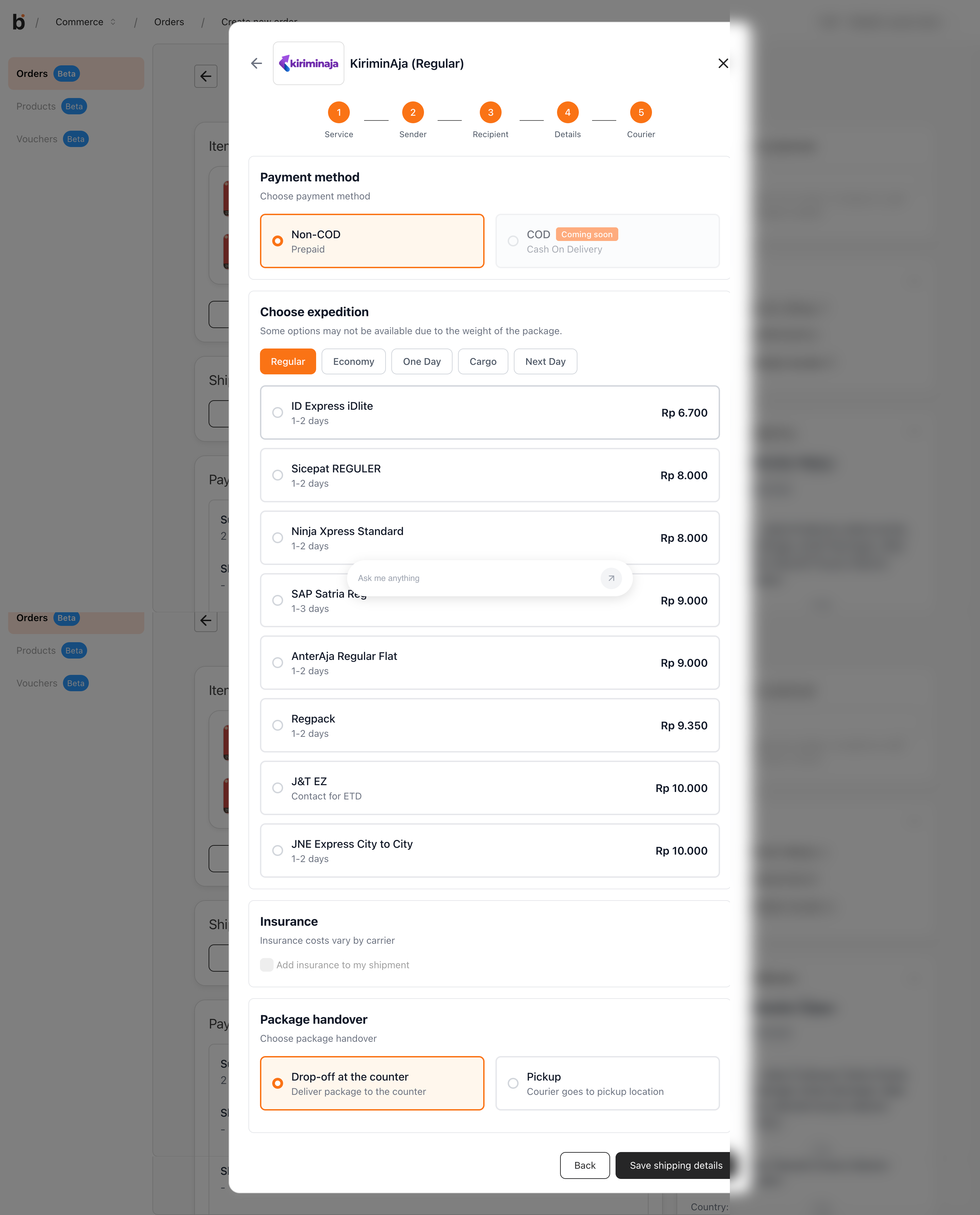 KiriminAja Regular Courier step with payment method, expedition list, insurance, and package handover