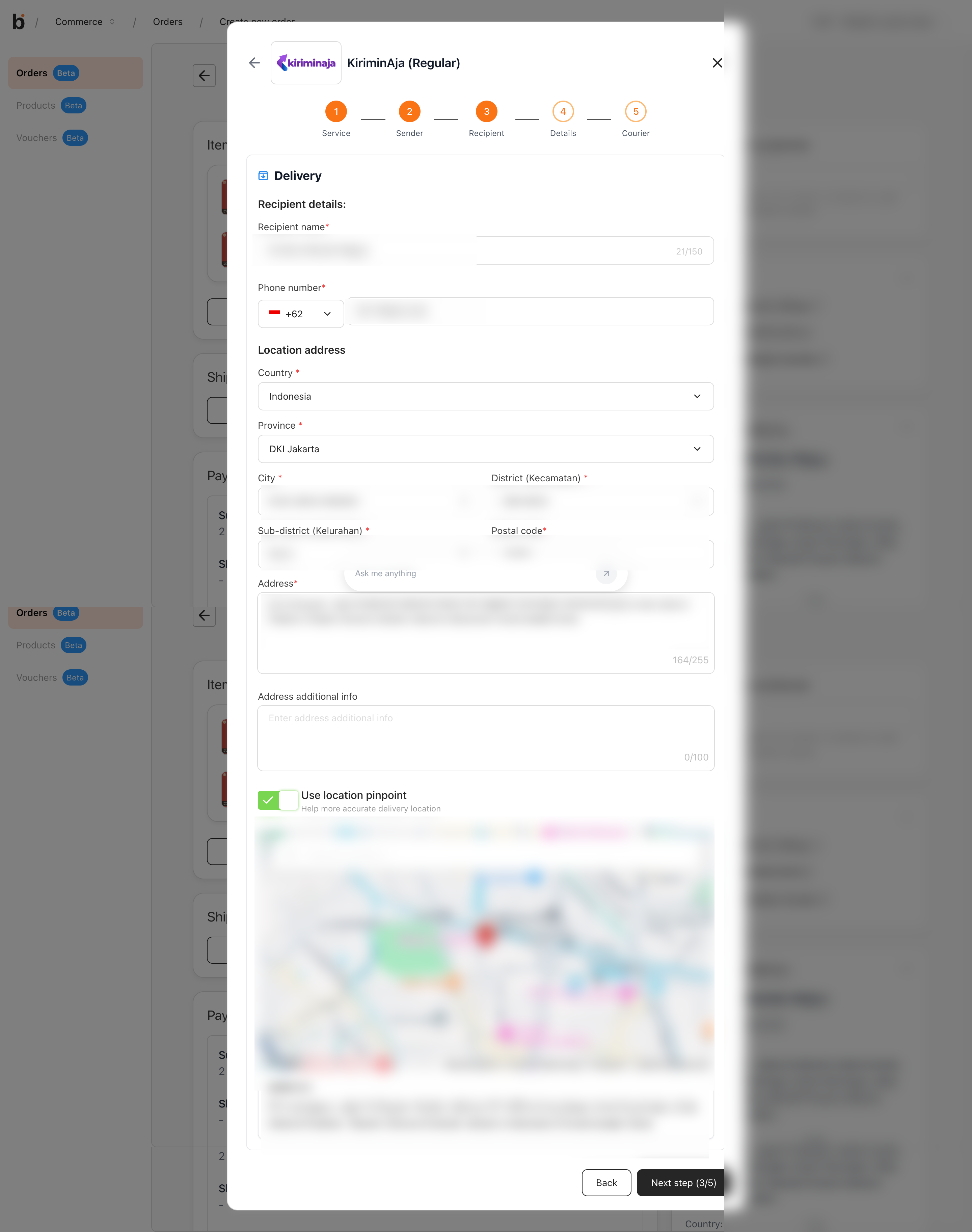 KiriminAja Regular Recipient step with recipient details and location pinpoint