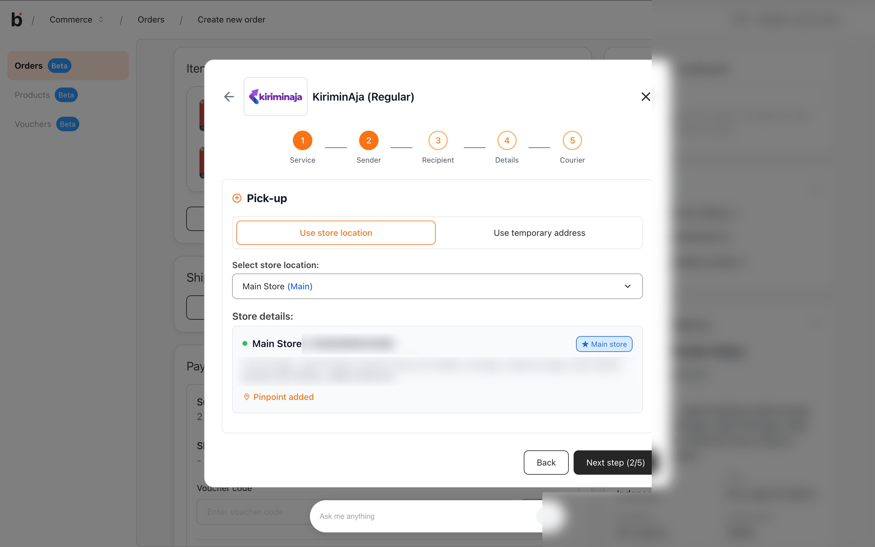KiriminAja Regular Sender step with Use store location selected and the Main store chosen